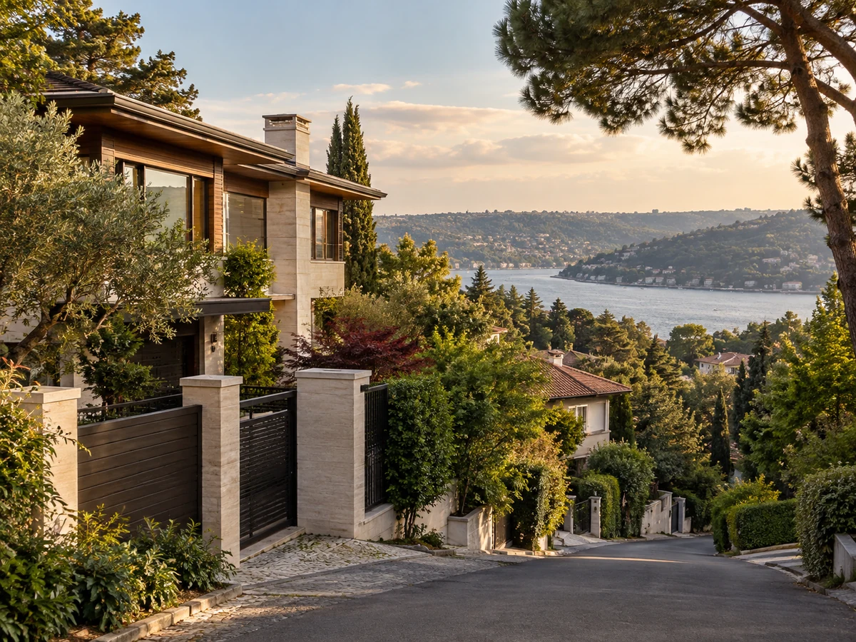 Ağaçlık yamaçta villa ve su manzarası; Beykoz konut seçimi için temsili görsel