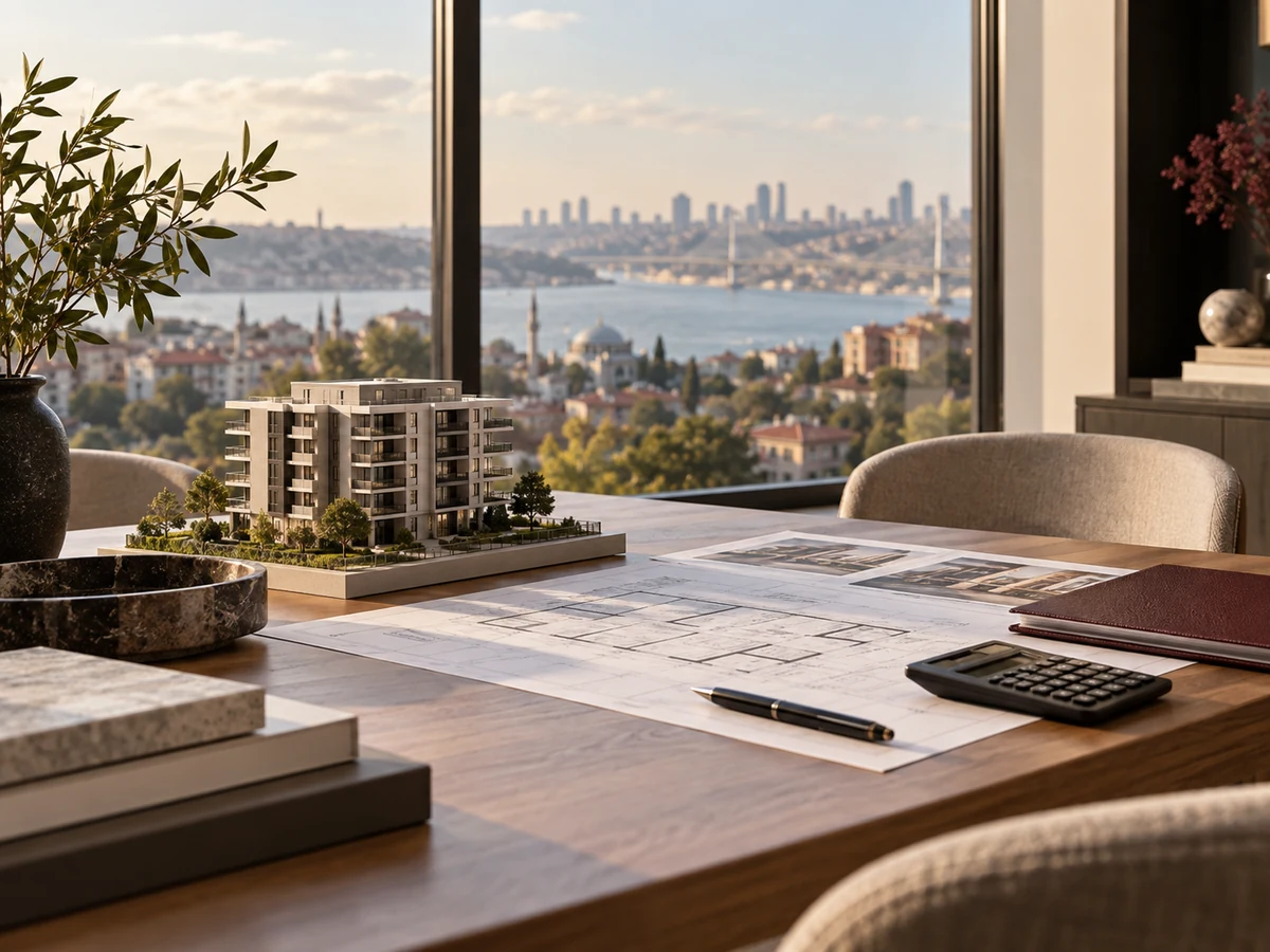 İstanbul manzaralı ofiste mimari maket ve gayrimenkul planları; temsili görsel