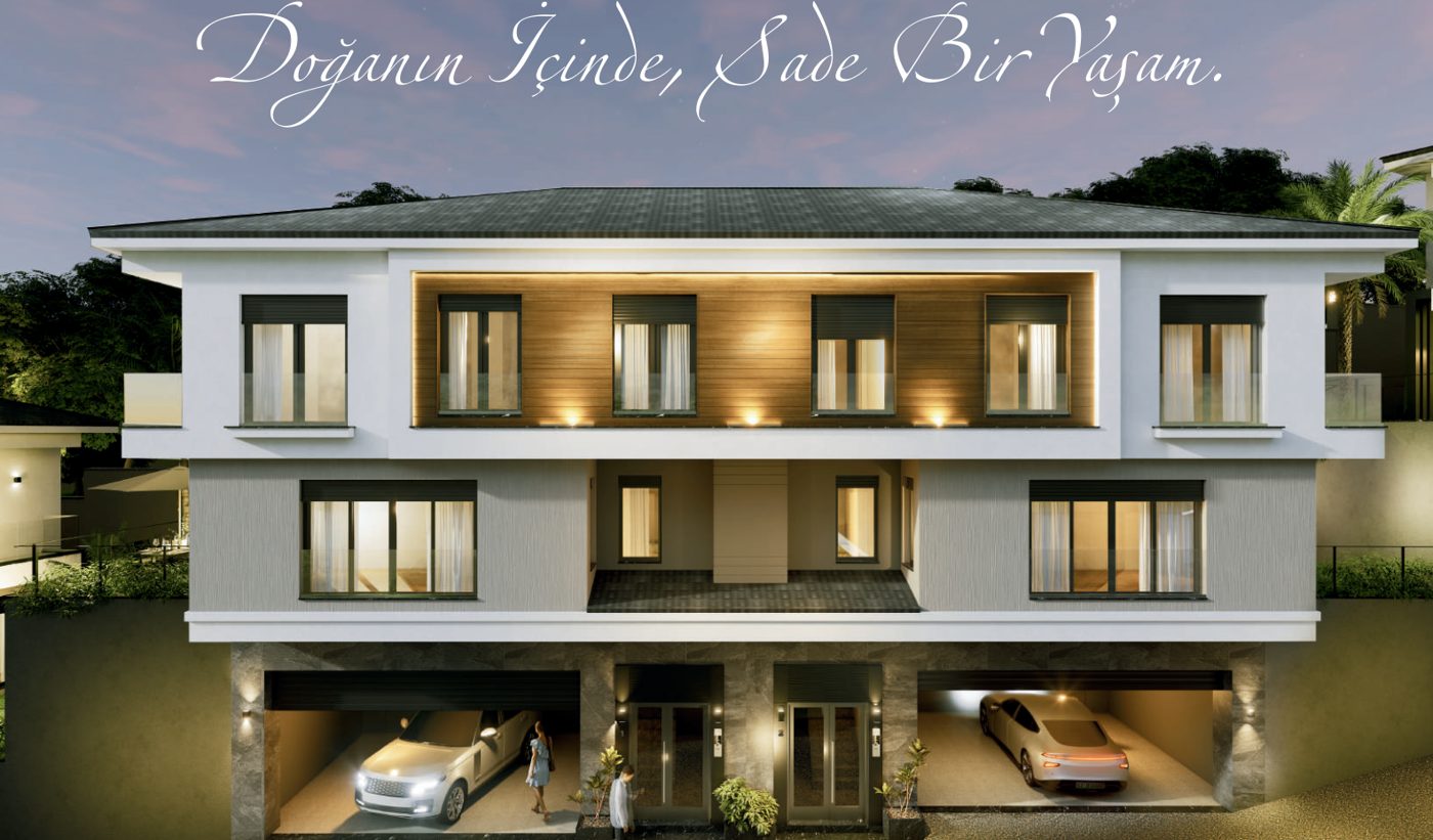 Vadi Yaşam katalog görseli, villa cephesi ve iki araçlık otopark